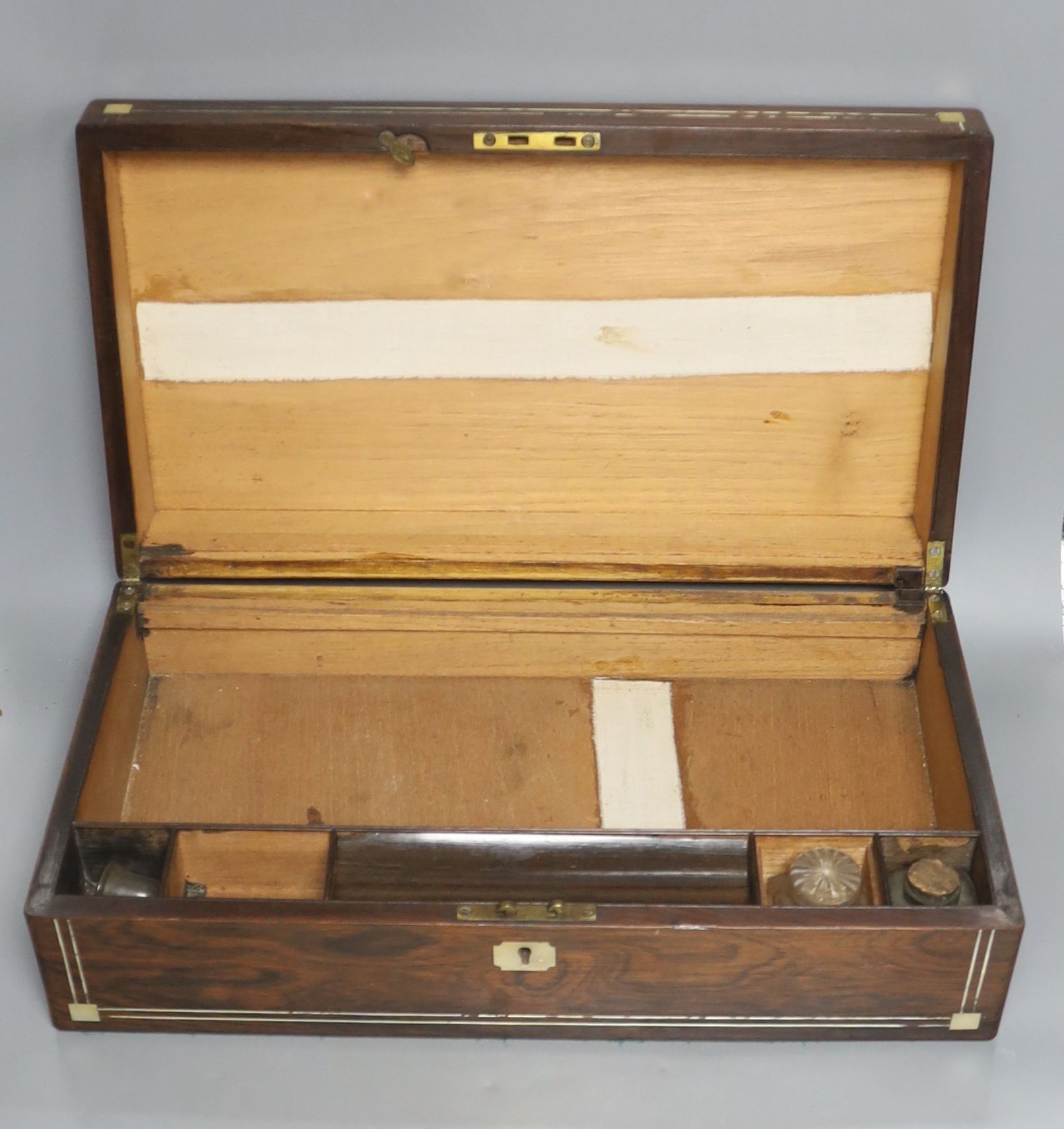 A Victorian mother of pearl inlaid writing slope, 46 x 13cm, and a small samover